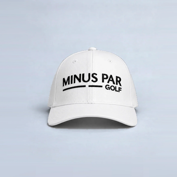 Elite golf cap in white with embroidered Minus Par Golf logo